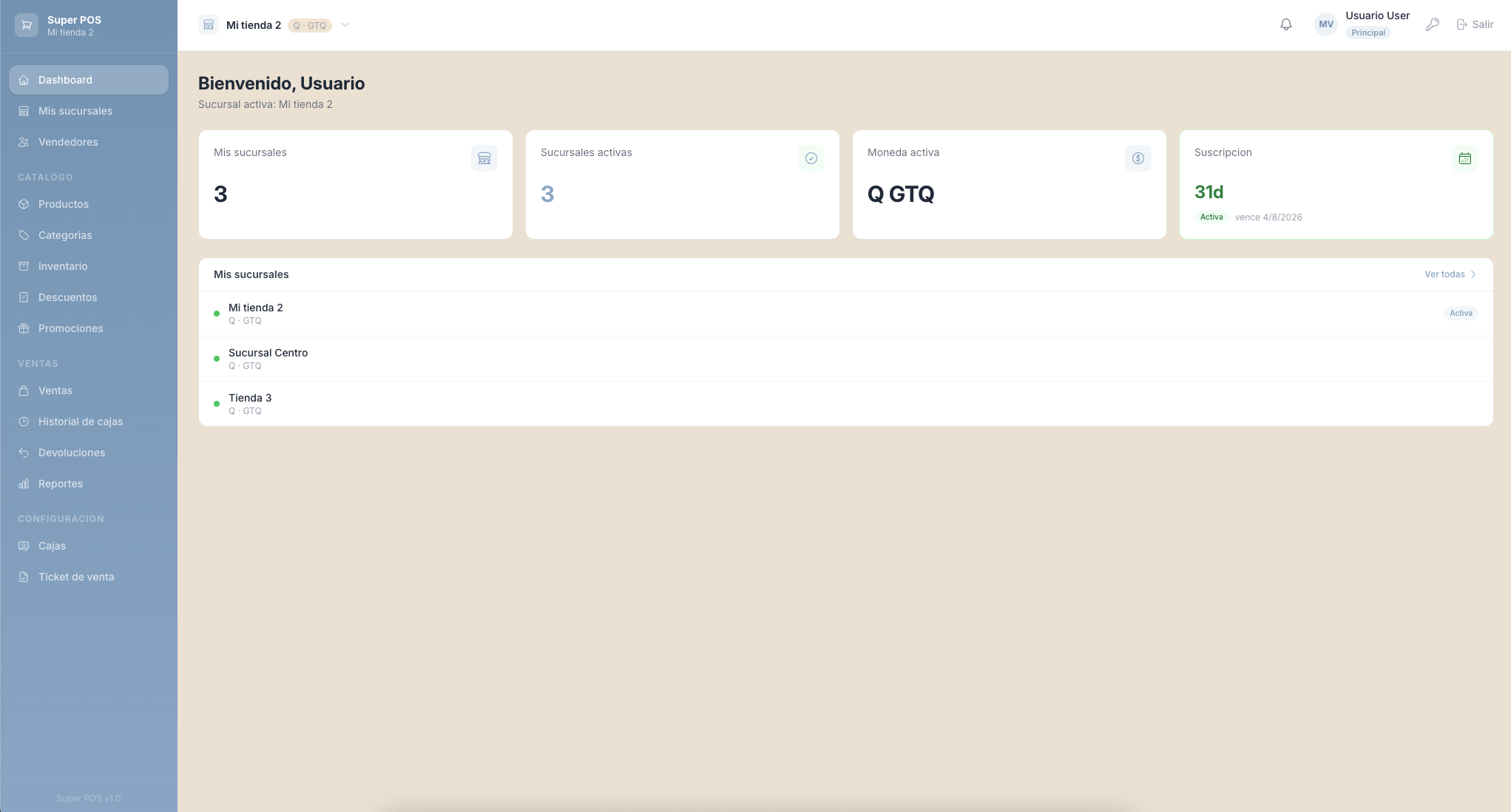 Panel principal MisVentas GT